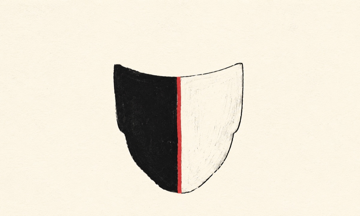 A split theatrical mask — ink on cream with a crimson meridian