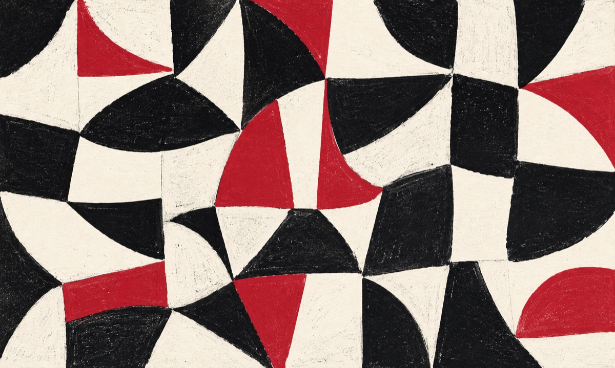 A kaleidoscopic mosaic in ink, cream and crimson tessellation