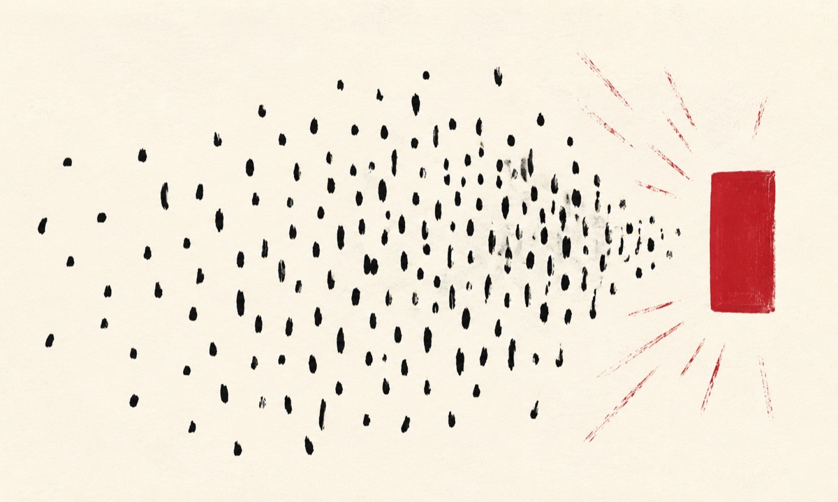 A crowd of ink dots facing a small crimson stage