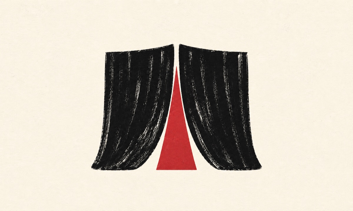 Two ink stage curtains parting on a tall crimson rectangle of light