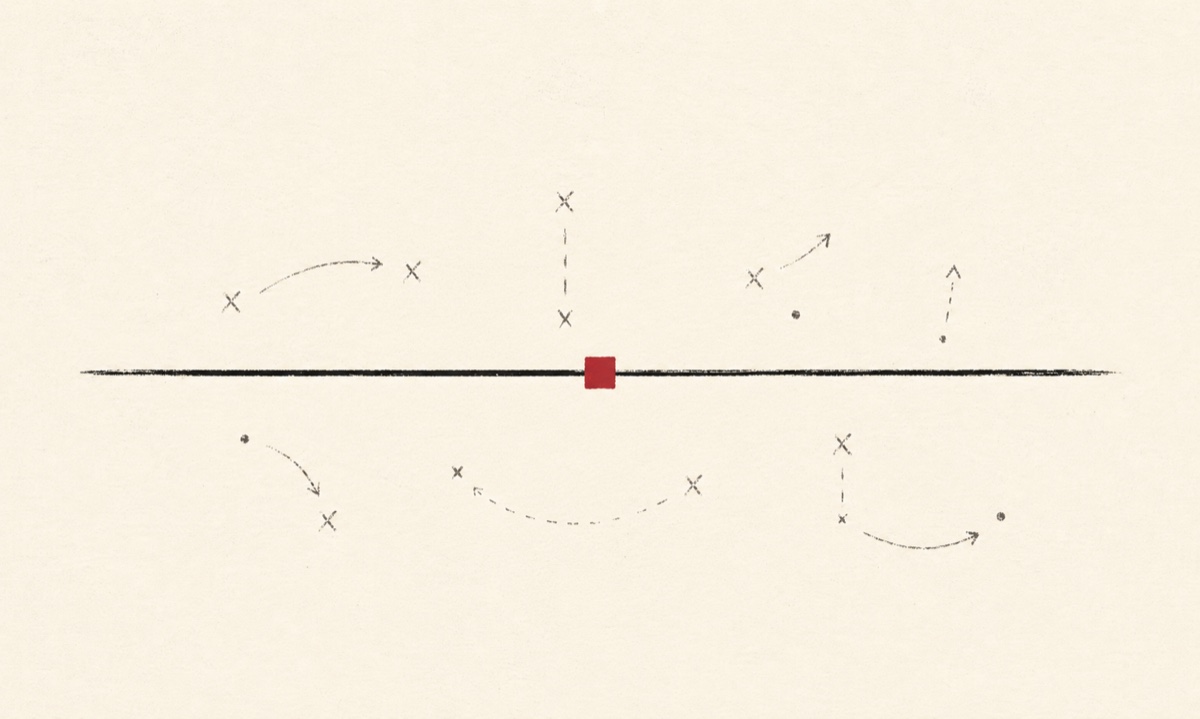 A horizontal stage-line marked with a crimson square, surrounded by rehearsal blocking marks