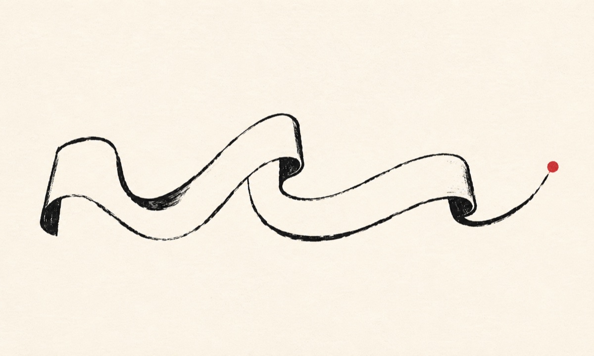 Calligraphic ink ribbon ending in a crimson dot